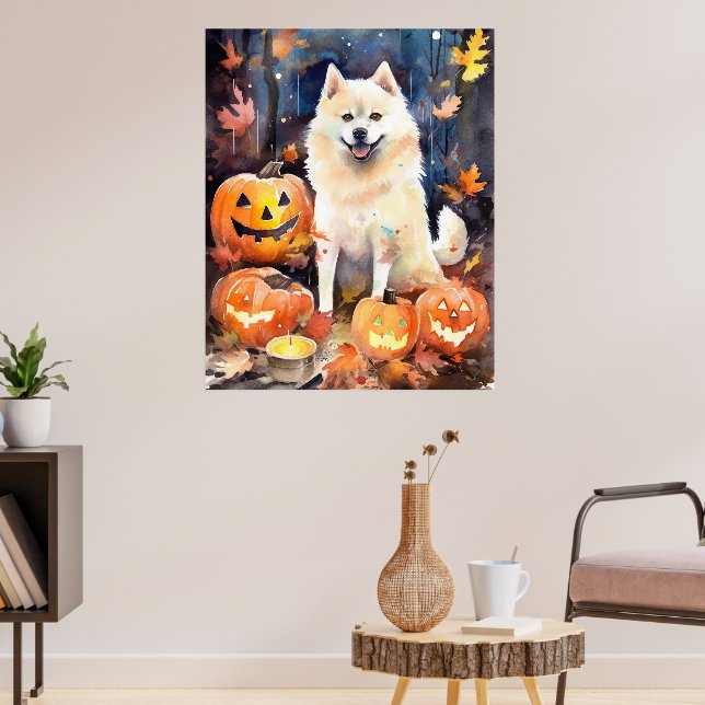 Poster Halloween American Akita Com Pumpkins Assustado (Sala de Estar 3)