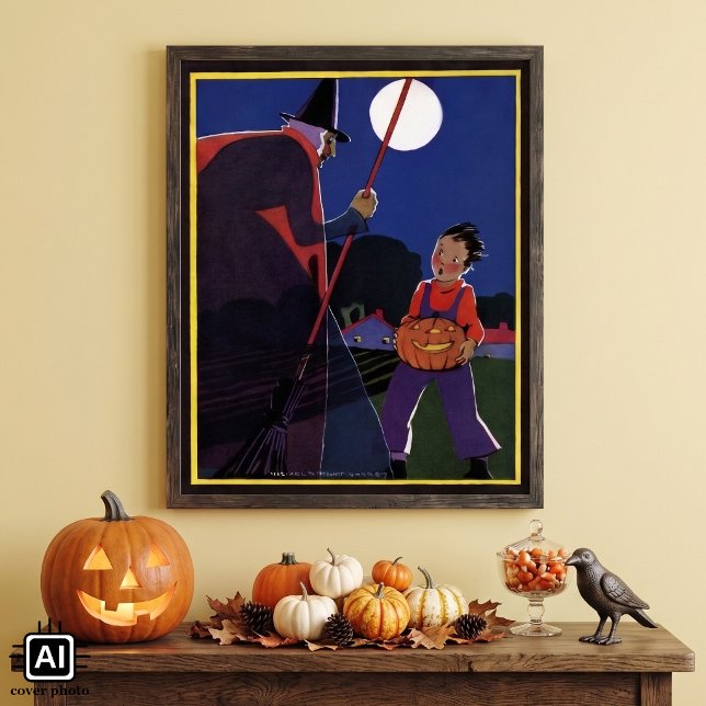 Póster Halloween Antigo, Bruxa Assustadora com Menino (Vintage illustration Halloween design featuring a witch, a scared child, a pumpkin and a full moon.)
