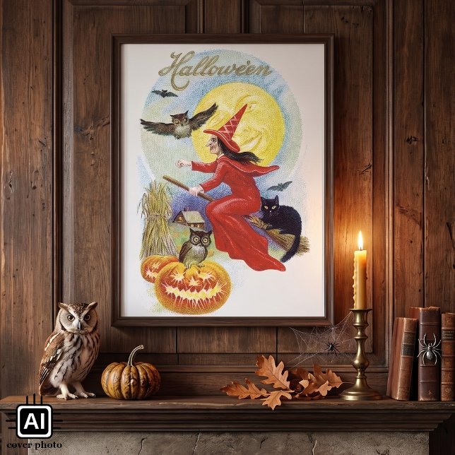 Poster Halloween Antigo, Bruxa Voadora com um Gato Preto (Vintage illustration Halloween design featuring a witch on a broomstick with a black cat and owls.)