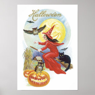 Poster Halloween Antigo, Bruxa Voadora com um Gato Preto