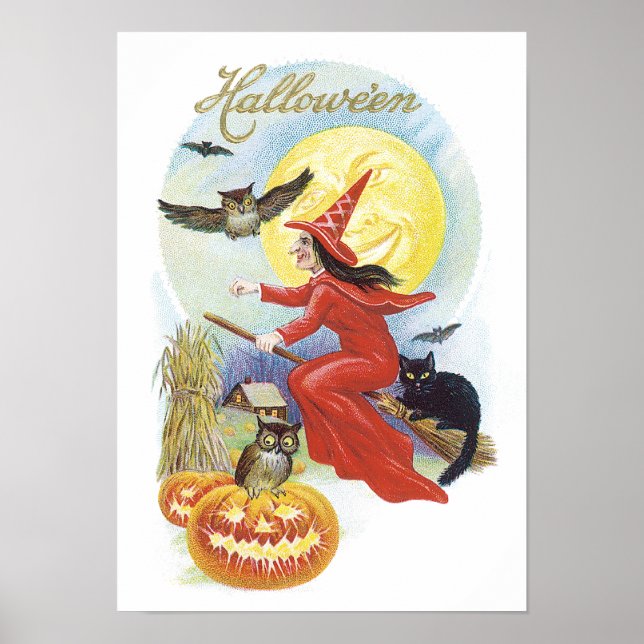 Poster Halloween Antigo, Bruxa Voadora com um Gato Preto (Frente)