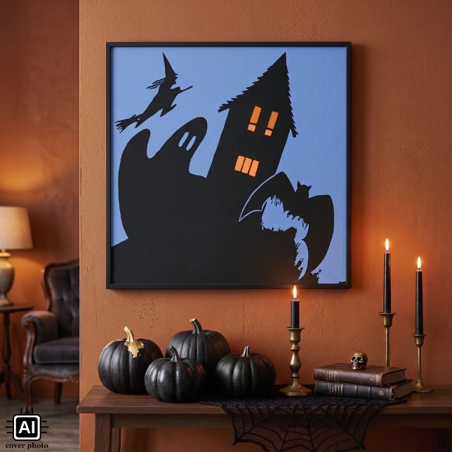 Póster Halloween Antigo, Casa Assombrada Assustadora e Br (Vintage illustration Halloween design with a haunted house, ghost, bat and a witch on a broomstick.)