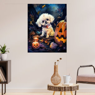 Poster Halloween Bichon Frise Com Pumpkins Assustado