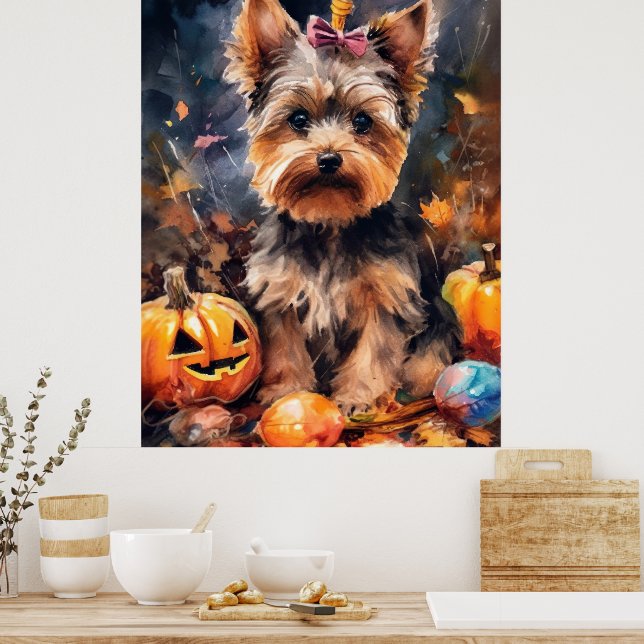 Poster Halloween Biewer Terrier Com Pumpkins Assustado (Cozinha)