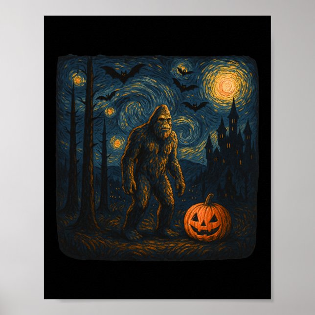 Poster Halloween Bigfoot Starry Night Van Gogh Sasquatch (Frente)