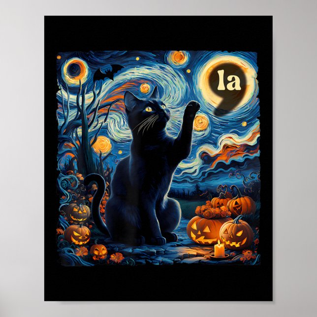 Poster Halloween Black Cat Comma La Starry Night Art Kama (Frente)