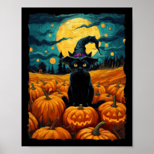 Poster Halloween Black Cat Van Gogh Witch Kawaii Pumpkin
