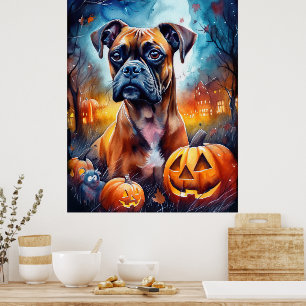 Poster Halloween Boxer Com Pumpkins Assustado