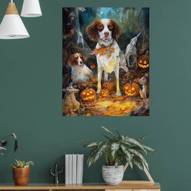Poster Halloween Brittany Spaniel Com Pumpkins Assustado (Sala de Estar 1)