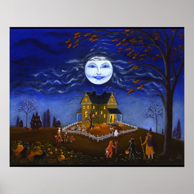 Póster Halloween,bruxa,diabo,lua,fantasma,morcego,abóbora (Frente)