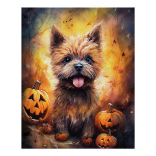 Póster Halloween Cairn Terrier Com Pumpkins Assustado