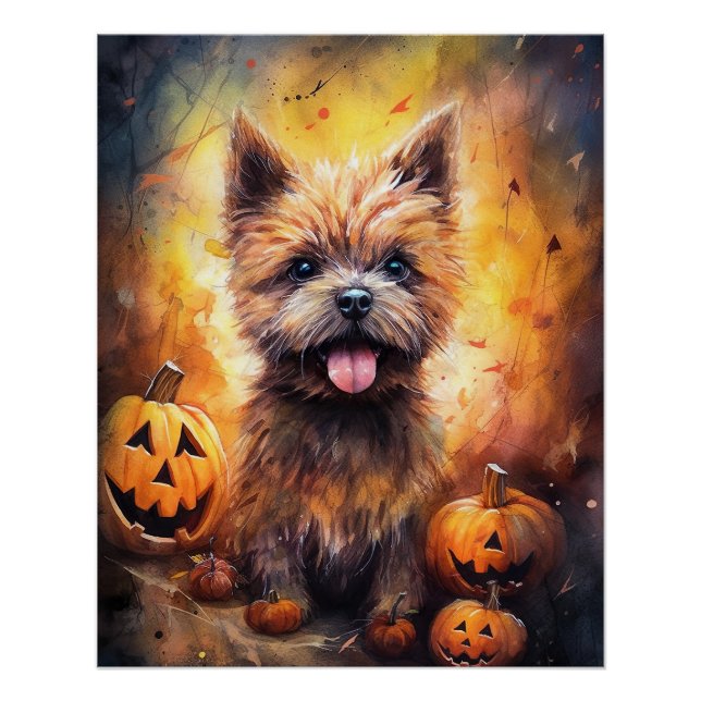 Póster Halloween Cairn Terrier Com Pumpkins Assustado (Frente)