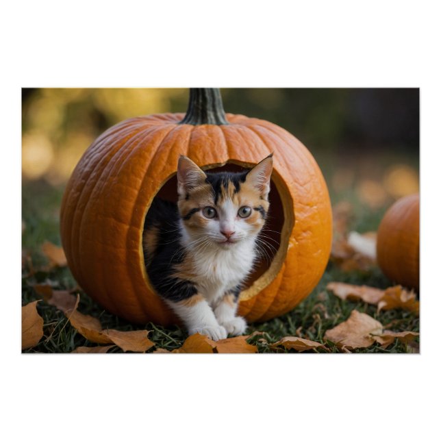 Póster Halloween Calico Kitten Sentado num Abóbora (Frente)