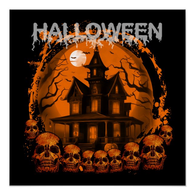 PÓSTER HALLOWEEN CASA ASSOMBRADA ASSUSTADORA CRÂNIOS (Frente)