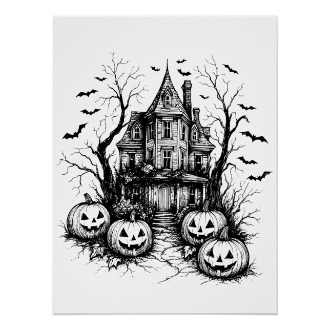 Póster Halloween, Casa Assombrada, preto e branco (Frente)