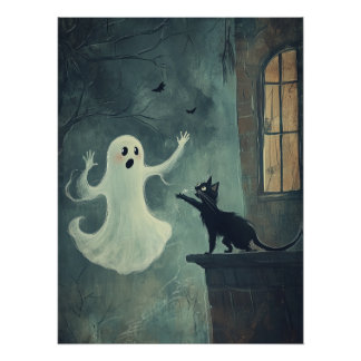 Póster Halloween Cat e Ghost