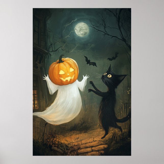 Poster Halloween Cat e Ghost (Frente)