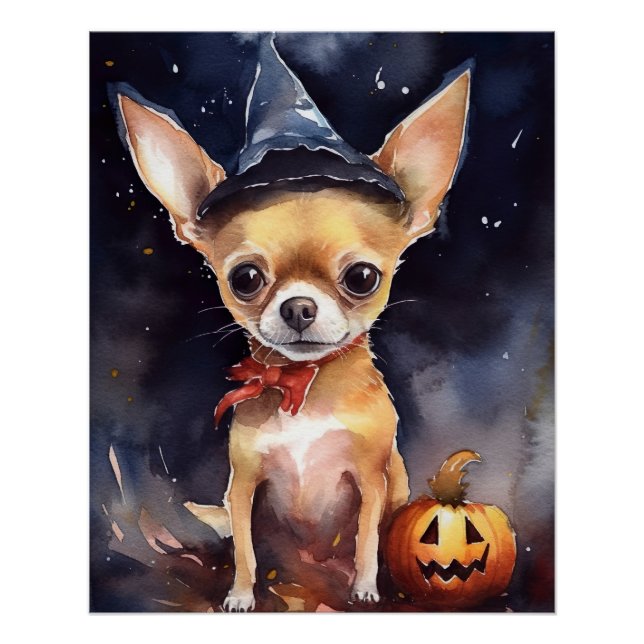 Póster Halloween chihuahua com Pumpkins assustado (Frente)