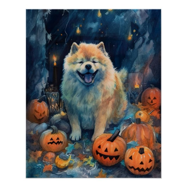 Póster Halloween Chow Chow Com Pumpkins Assustado (Frente)