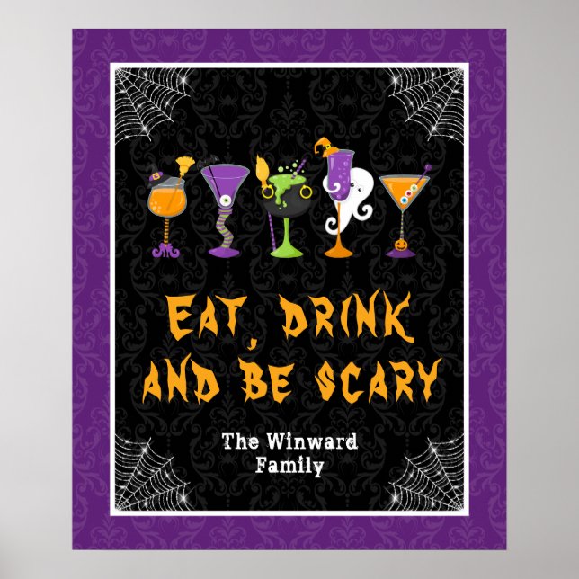 Poster Halloween Cocktails Purple Damask Party Sign (Frente)