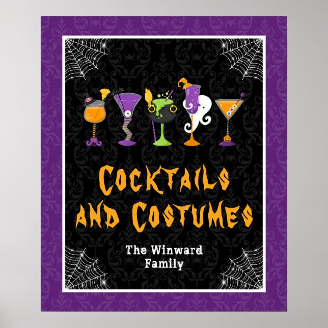 Poster Halloween Cocktails Purple Damask Party Sign (Frente)