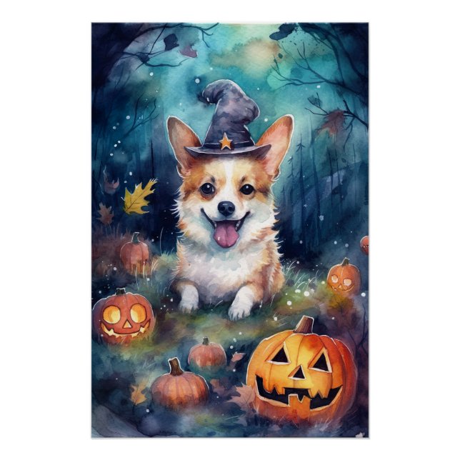 Póster Halloween Corgi Com Pumpkins Assustado (Frente)