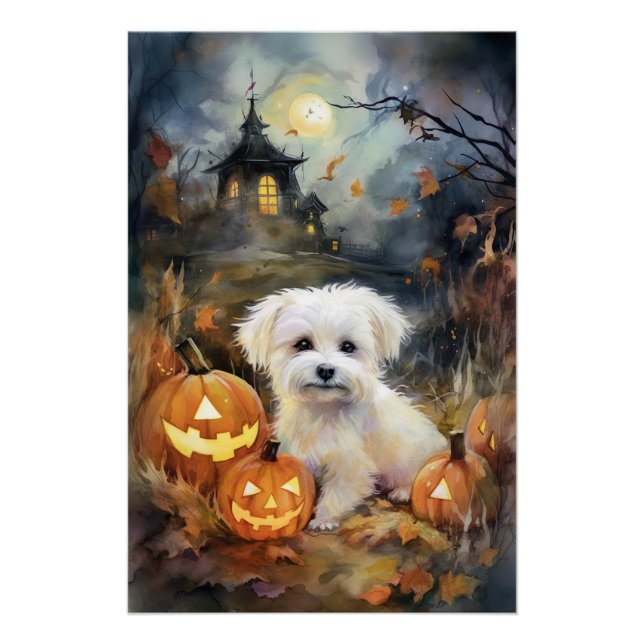 Póster Halloween Coton De Tulear Com Abóboras Assustador (Frente)