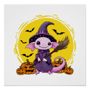Póster Halloween das bruxas do Axolotl bonito