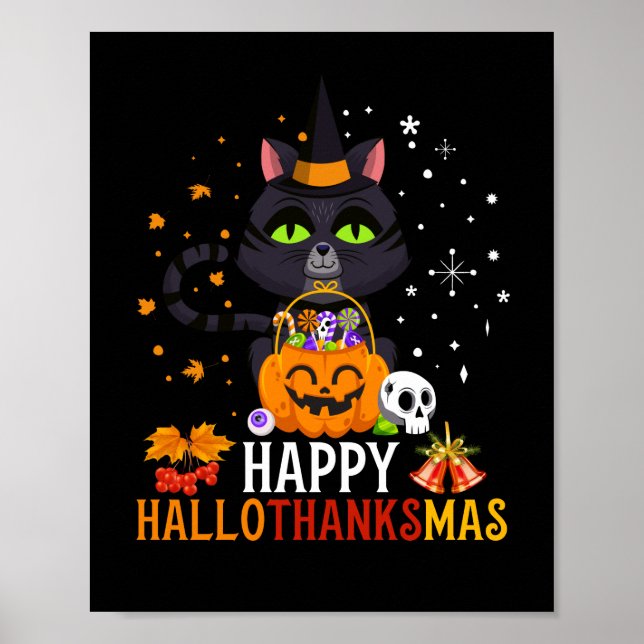 Poster Halloween De Gato Negro E Feliz Natal (Frente)
