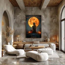 Poster Halloween entonado com lua cheia, velas e morcegos