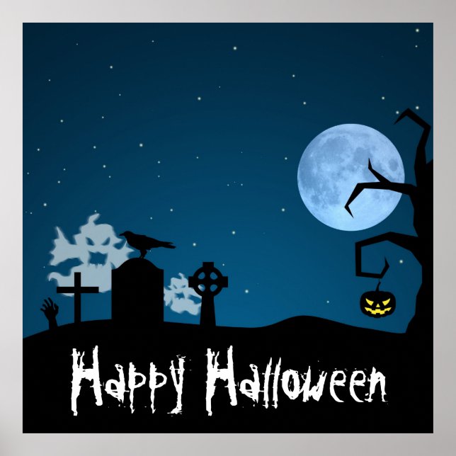 Poster Halloween Fantasmas em Graveyard (Frente)