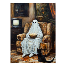 Póster Halloween Ghost assistindo TV com pipoca