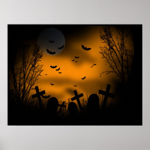 Póster Halloween Graveyard com Bats e Tombstones
