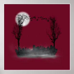 Póster Halloween Graveyard Scene Silhouette