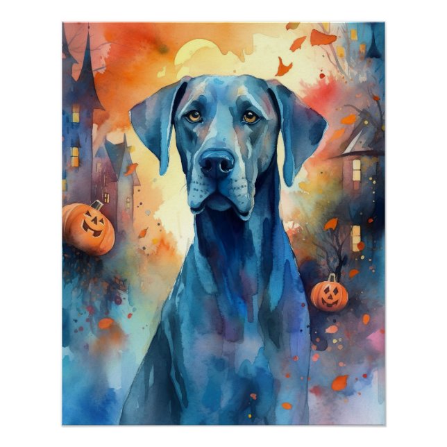 Póster Halloween Great Dane Com Abóboras Assustador (Frente)