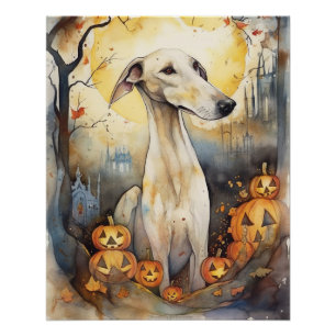 Póster Halloween Greyhound Com Pumpkins Assustado