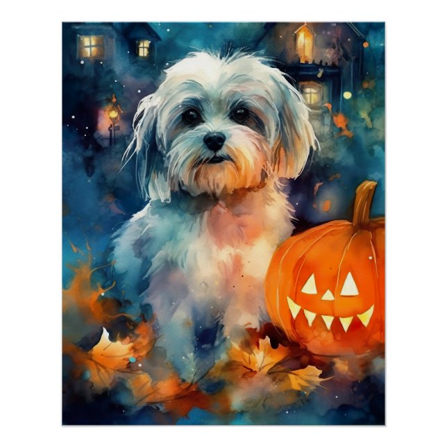 Póster Halloween Havanese Com Pumpkins Assustado (Frente)
