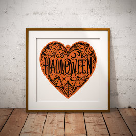 Poster Halloween Heart, Orange Heart Shape, Holiday
