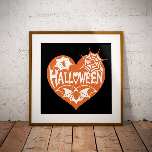 Poster Halloween Heart, Orange Heart Shape, Spider Web (Criador carregado)