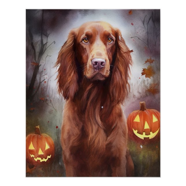 Póster Halloween Irish Red Setter Com Abóboras Assustador (Frente)