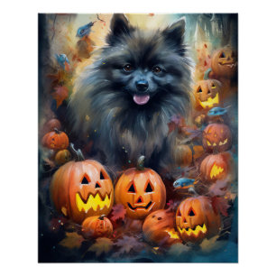 Póster Halloween Keeshond Com Pumpkins Assustado