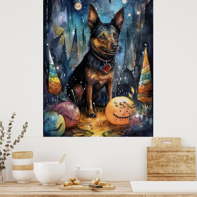 Poster Halloween Kelpie Australiano Com Abóboras Assustad (Cozinha)