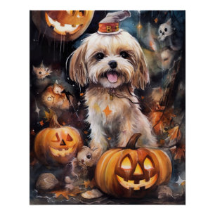Póster Halloween Lhasa Apso Com Pumpkins Assustado