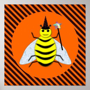 Poster Halloween Magic Bee Witch Orange and Black Stripes