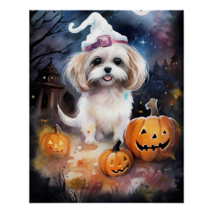 Póster Halloween Malti Tzu Com Pumpkins Assustado