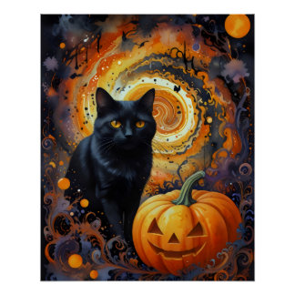 Póster Halloween Night Magic - Cat & Pumpkin