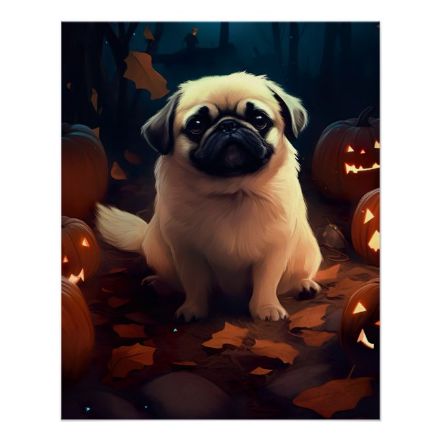 Póster Halloween Pekingese Com Pumpkins Assustado (Frente)