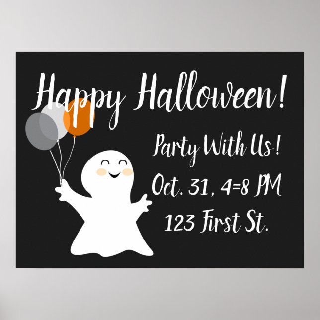 Poster Halloween Pequeno Fantasma com Balões (Frente)