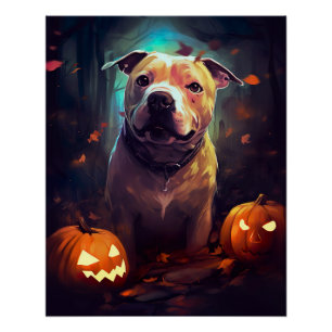 Póster Halloween Pitbull Com Pumpkins Assustado