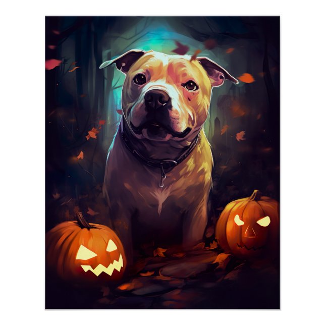 Póster Halloween Pitbull Com Pumpkins Assustado (Frente)